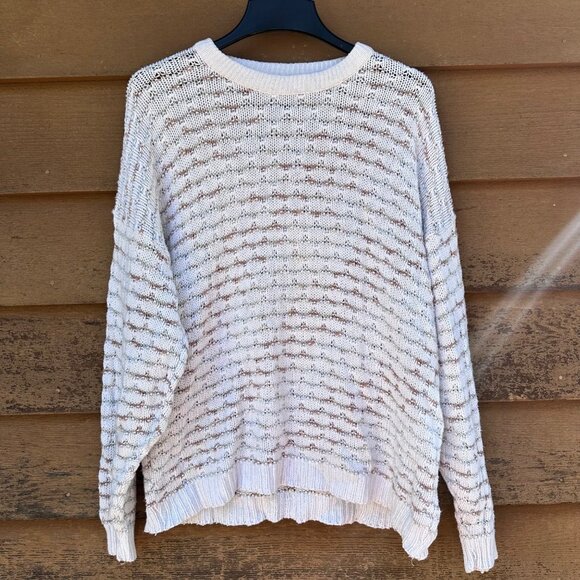 Sweaters - Vintage Oversized Knit Cream Sweater With Brown Pattern Long Sleeves Crewneck Li